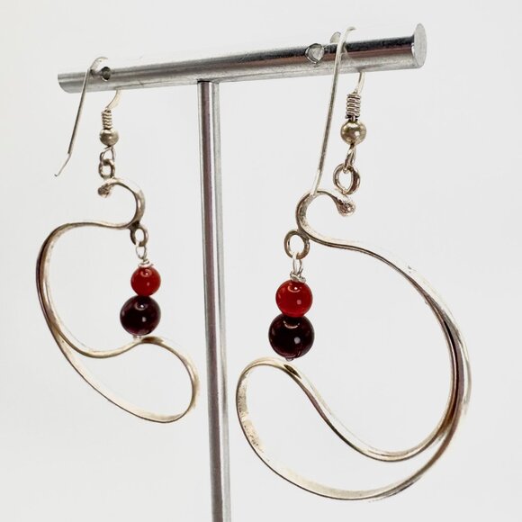 Sterling Silver 925 Red & Black Crystal Freeform Dangle Earrings 2.5" Length - Picture 3 of 9